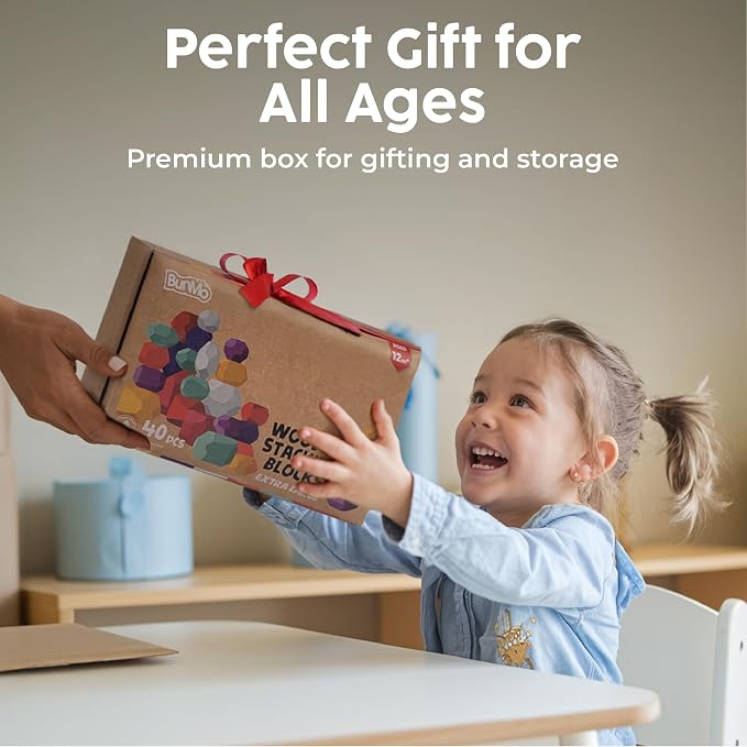 BUNMO Wooden Blocks 40 pcs, Non-Toxic Toddler Toys | Perfect as Sensory Table Stacking Rocks | Toddler Montessori Toys for Screen-Free, Hands-On Fun | Wood Blocks or Stacking Stones for Building