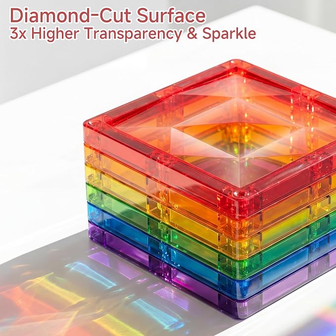 Large Diamond Magnetic Building Tiles: 48 PCS Deluxe 3D Play Blocks | 3x Sparkling Transparent Cut - 7.5cm Big Size STEM Sensory Toy with Tin Box Storage Organizer for Toddlers Age 3-6 Birthday