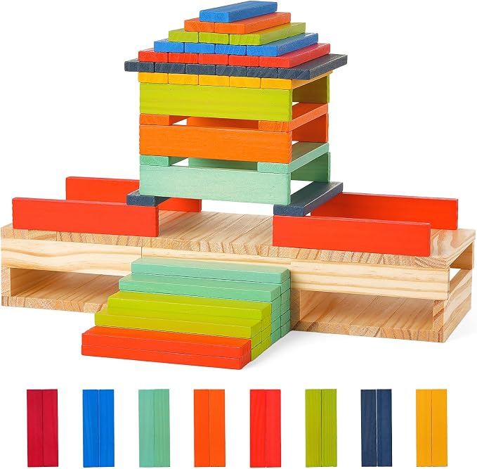 Hayder Classic Wooden Building Blocks Set, 100PCS | Solid Wood Blocks in 9 Colors Stacking Educational Toy Set for Kids