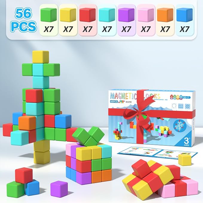 Magnetic Blocks Large, 56PCS 1.34in Magnetic Building Blocks, 3D Magnetic Cubes for Toddlers, Preschool Educational Construction Kit, Sensory Montessori Toys Kids Blocks for Boys Girls Toddlers