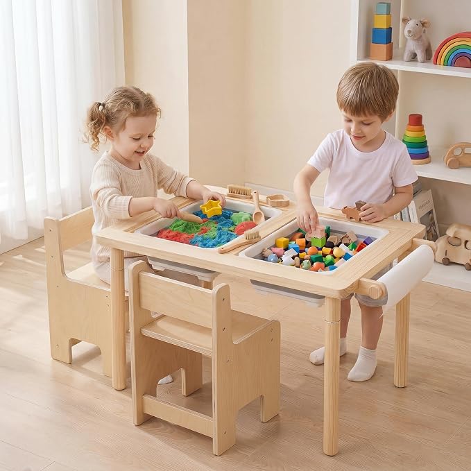 HONEY JOY Sensory Table and Chair Set, Wooden Sand & Water Activity Set w/Adjustable Height, Dual Sided Top, 2 Bins, Paper Roll & 2 Hooks for Art, Study, Craft, Gift for Boys Girls 3+