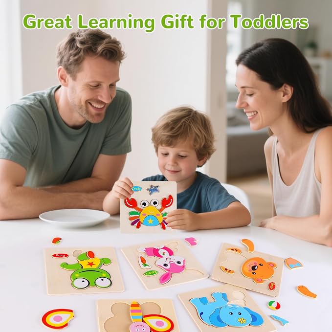 8 Pack Wooden Animal Puzzles for Kids Ages 3-5, Chunky Jigsaw Puzzle Set with Dinosaur, Panda, Crab, Elephant, Bear, Frog, Butterfly and Rabbit, Preschool Learning Toys for Boys and Girls