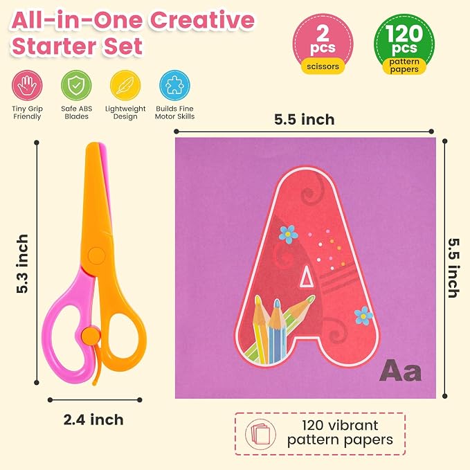 Koogel Toddler Scissors Practice Kit, 2 Safety Scissors & 120 Craft Papers | Ages 3+, Blunt Tip, Cutting for Early Preschool Development Tools, Hand-Eye Coordination, Learn to Cut Line Skill