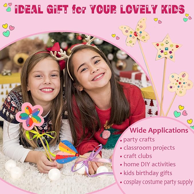Princess Fairy Wands Craft Kit (14 PCS), Kid Birthday Party Supplies | Make Your Own Magic Wands Include Unfinished Wooden Fairy Wands, Gem Stickers, Ribbons, Ideal for Kids 6+
