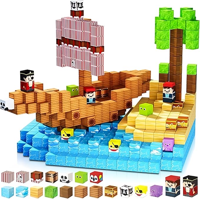 Magnetic Building Blocks Magnetic BuildingTiles Toys for Boys Girls Age 3+, Creative Plastic MagnetSquare Gift for Kids New Pirate Ship 100PCS