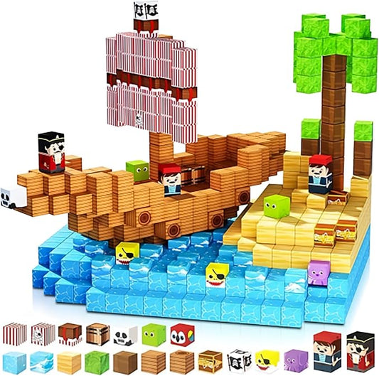 Magnetic Building Blocks Magnetic BuildingTiles Toys for Boys Girls Age 3+, Creative Plastic MagnetSquare Gift for Kids New Pirate Ship 100PCS