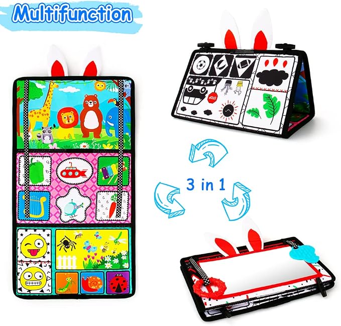 Tummy Time Baby Mirror Toys, Tummy Time Mat, Black and White High Contrast | Tabletop Mount Baby Newborn Toys 0 3 6 Months Brain Development, Sensory Texture Piano Infant Toys 0 3 6 Months with Squeaker