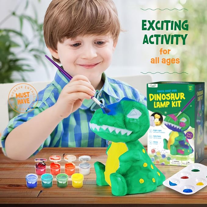 Paint Your Own Dinosaur Lamp Kit, Crafts for Kids Ages 6-12, Gifts for Boys | Dinosaur painting kit with paints and 3D night light; arts and crafts activity and birthday gift for boys ages 6-12