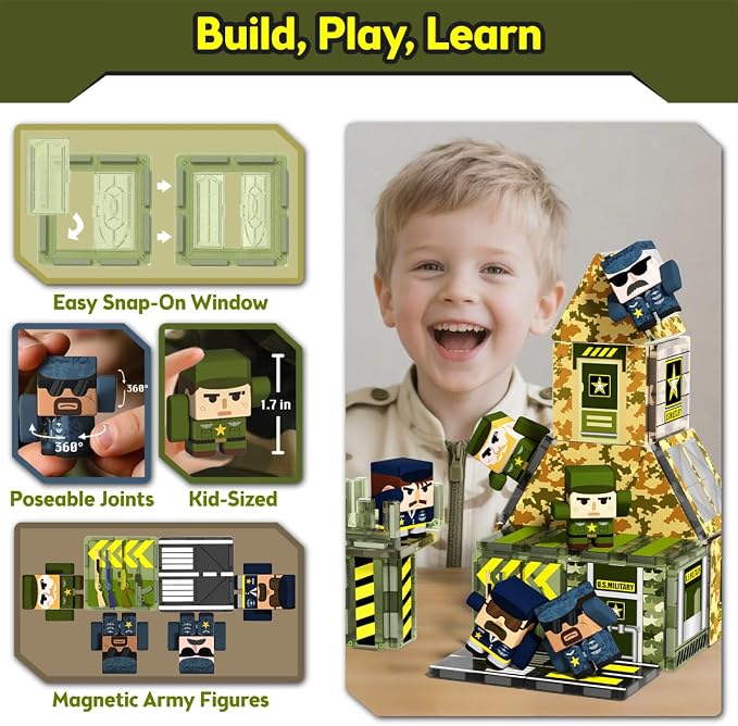 GobiDex 100PCS Army Magnetic Building Blocks Set for Kids Ages 3+ | Military Magnetic Building Blocks with 6 Magnet Army Men, STEM Construction Toys Gifts for Boys Girls 3 4 5 6 7 8 9+ Year Old