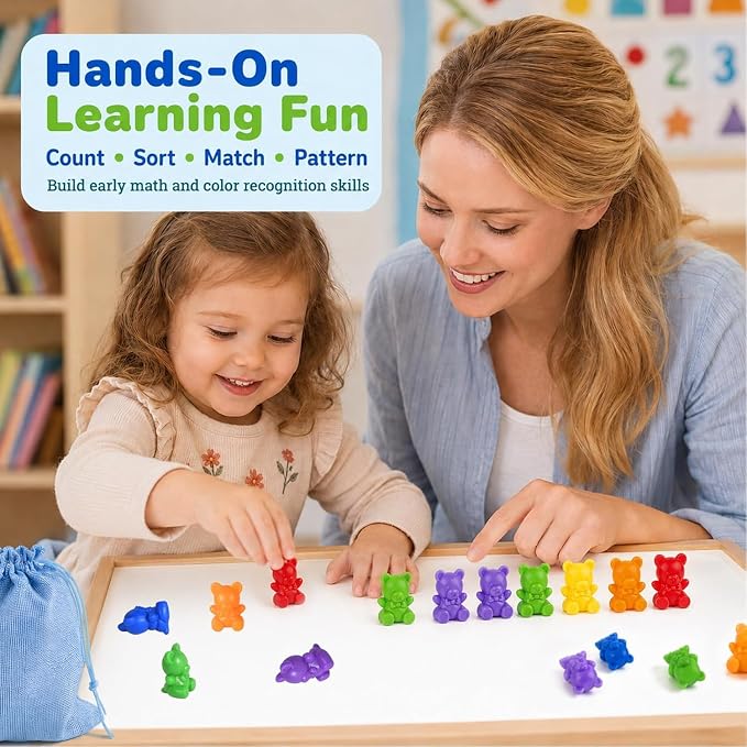 XINHUIDALSQ Rainbow Counting Bears Set of 100, 10 Colors Sorting Teddy Plastic Bears Math Manipulatives for Toddlers, 1 Inch Bear Conters Ages 3+ Kids