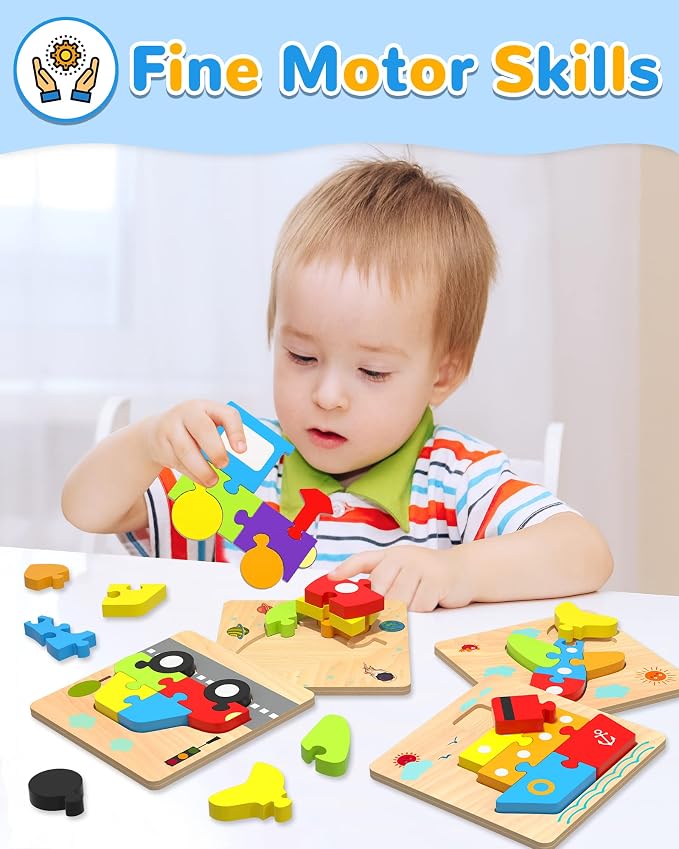 Wooden Toddler Puzzles Gifts Montessori Toys for 1 2 3 Years Old Boys Girls | 4 Vehicle Shape Puzzles, Boy Birthday Gift, Montessori Toys Educational Blocks for Toddlers 1-3, 2-4, Baby Learning Toys