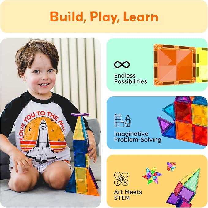 PicassoTiles 30 PCs Magnetic Tiles Travel Size Mini Version Building Block Construction Set for Kids Great Gift Ages 3+ Boys & Girls Preschool Kindergarten Montessori Playing Toys Stacking Fun PTM30