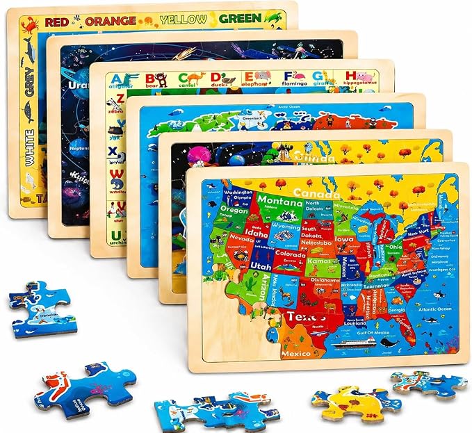 Wooden Puzzles for Toddlers 3-5,6 in 1 Jigsaw Wooden Solar System Puzzles for Ages 4-6,Preschool Educational Brain Toys Birthday Gifts for Boys and Girls 2 4 3 5 Year Old（World Map）