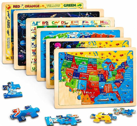 Wooden Puzzles for Toddlers 3-5,6 in 1 Jigsaw Wooden Solar System Puzzles for Ages 4-6,Preschool Educational Brain Toys Birthday Gifts for Boys and Girls 2 4 3 5 Year Old（World Map）