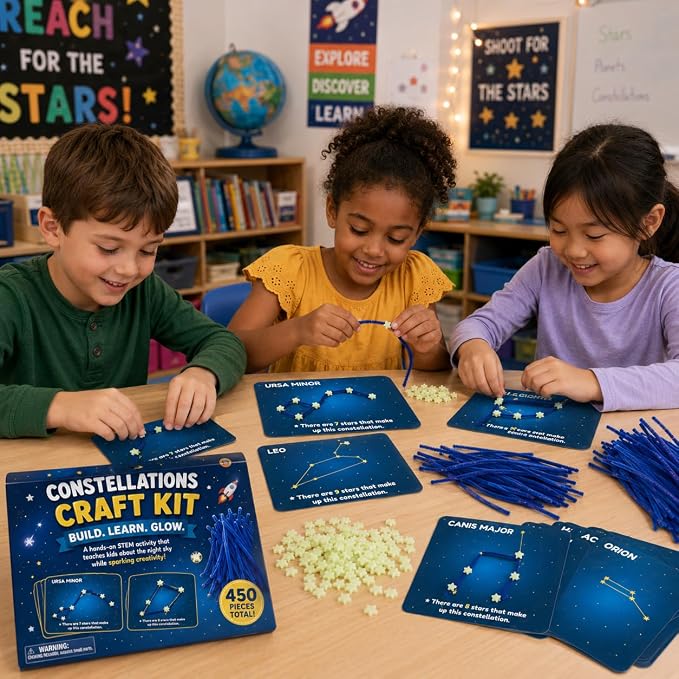 Fun Express Constellations Craft Kit Kids Ages 4-8 | 450 Pieces, Glow in the Dark, STEM, Solar System Astronomy Science, Educational Space Toys & Learning Activities