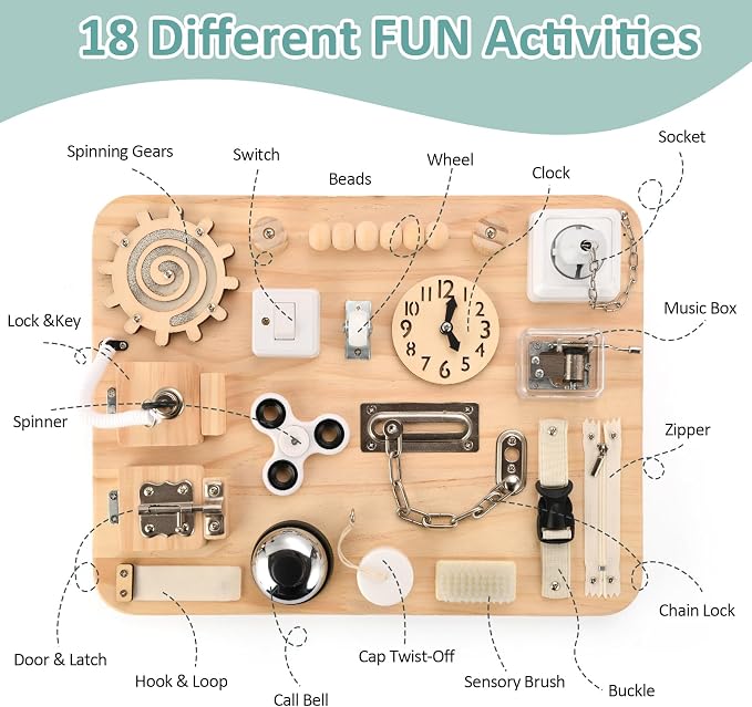 Potatomato Large Wooden Busy Board for Toddlers, Montessori Sensory Toy | 18-in-1 Activity Board,Fidget Toys for Boys &Girls Fine Motor Skills,Birtday Gift