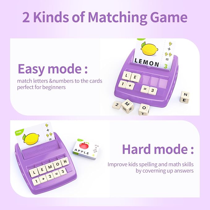 Matching Letter Games for Kids Ages 4-8,Learning & Education Toys for Preschool Boys Girls Spelling/Reading/Math Learning/Word Recognition,Birthday Gifts Educational Toys for Kindergarten Kids, Purple