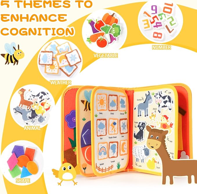 Jollybaby 8 Page Baby Soft Busy Books Sorting & Stacking Toys, Travel Toy & Montessori Sensory Educational, Preschool Learning Activities Toy for 1 2 3 Year Old Toddlers Boy Girl (Happy Farm