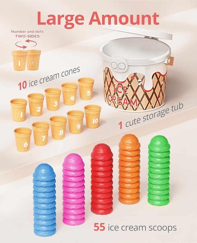 JoyCat Ice Cream Preschool Learning Activities Counting and Color Sorting Set Stacking Toys for Kids 3-5, Educational Fine Motor Skills Toys, 65PCS Math Manipulatives | Stack scoops, match colors and serve pretend ice cream while practicing counting an...