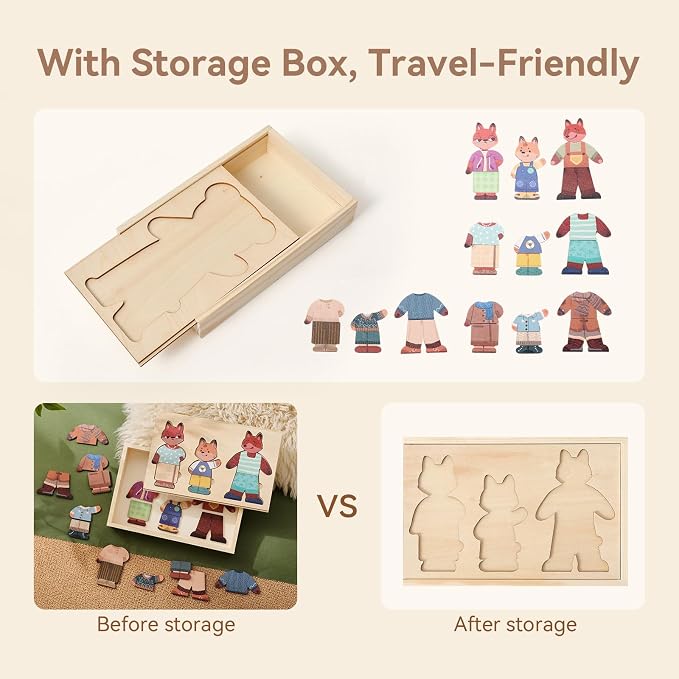 Wooden Dress-Up Puzzle for Ages 3+, Fox Family 17 Mix-and-Match Pieces with Storage Box, Montessori Matching Toy for Fine Motor & Imaginative Play, Birthday