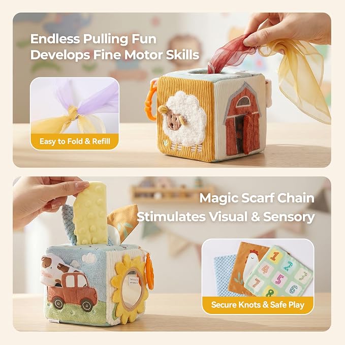 let's make Baby Tissue Box Toy, Farm Montessori Sensory Toys 6-12 Months, Play Silks & Crinkle Tissues with 3D Corduroy, Mirror, Squeaky Cow & Travel Clip - Fine Motor Skills Baby Girl Boy Gifts