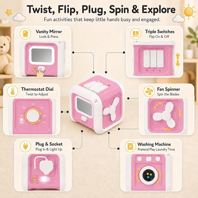 Montessori Toys for 1 Year Old Girl Boy - Busy Board with Light - Travel Sensory Toys for Toddlers 1-3 - Birthday Gifts Christmas Stocking Stuffers - Baby Toys 12-18 Months (Pink)