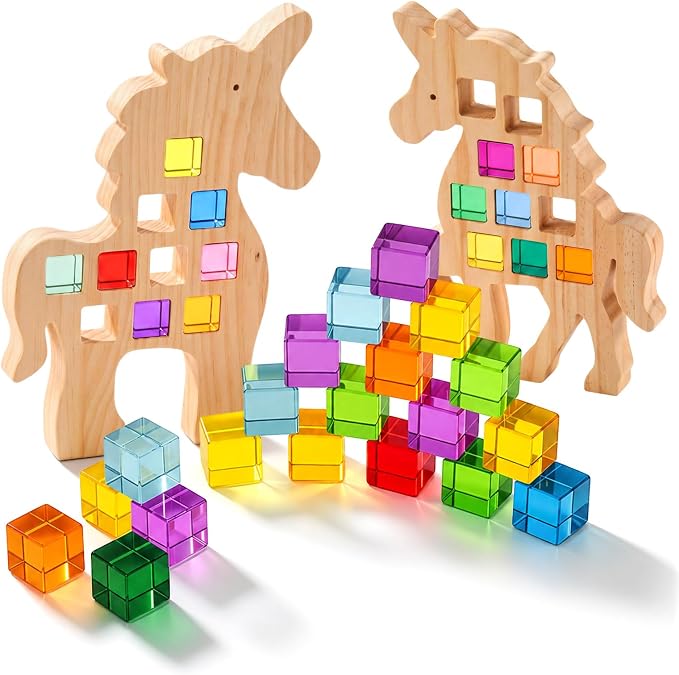 Soulchen Kids Wooden Building Block Set, 20 Rainbow Gem Cube Stacking Blocks - 2 Unicorn Skeletons, Montessori Toddler Stacking Toy, Learning Educational Toy Sensory Gift for Boys Girls