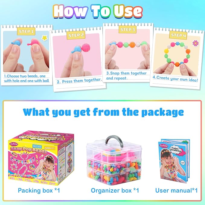 Pop Beads, 500+ Pcs Jewelry Making Kit for Girls 4-6, Colorful Snap Beads | Funtopia Arts and Crafts for Kids 3 4 5 6 7 8, DIY Bracelet Necklace Ring Set for Little Girls