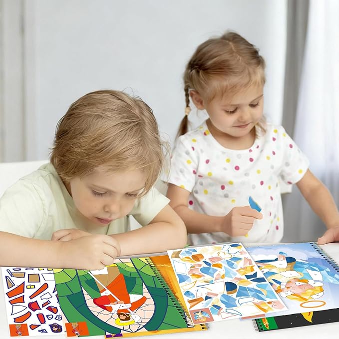 Omgouue 2PCS Bible Crafts for Kids Ages 4-8 Sticker Paint Books Includes Christian Jesus Angel Adam&Eve Theme Party Create 20 Pictures Sticker Sheets are Separate