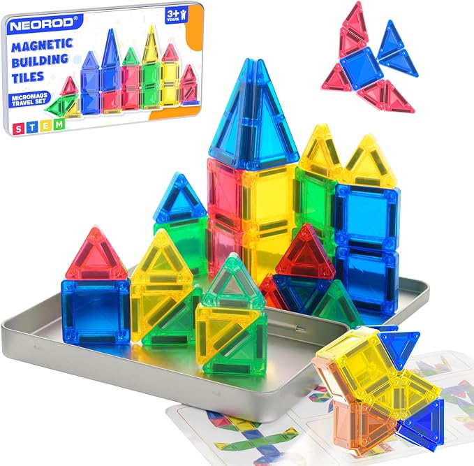 NEOROD Mini Magnetic Tiles, STEM Travel Building Blocks for Kids 3-8 | 26 pcs compact magnet toys with metal box, ABS smooth rounded corners, fine motor & color sorting, road trip essentials