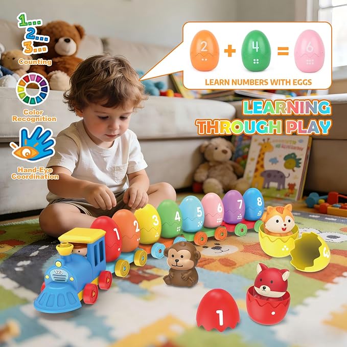 Grarain Toddler Train Toy Set with Farm Animal Finger Puppets & Eggs, Montessori Educational Color Number Sorting Matching Learning Toys for Kids Boys Girls 1-3 Year Old, Fine Motor Gifts