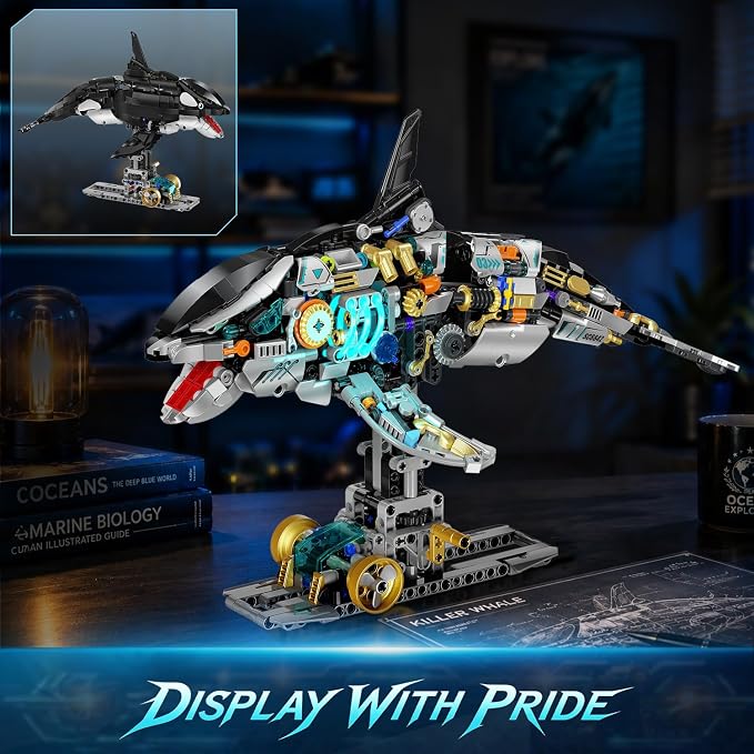 INSOON Mechanical Orca Building Set STEM Toy with LED Light for Boys 12+ | Interactive Whale Building Block with Crank Mechanism, Ocean Animal Model Christmas Birthday Gift for Teens Adults(1005 PCS)