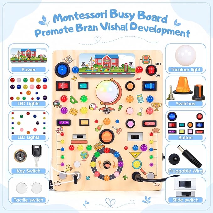 Busy Board with 19 LED Light Switches, Montessori Toys for 1 2 3 Years Old, Wooden Sensory Board, Toddlers Activity Travel Toys for 1 2 3 Year Old Boy & Girl Birthday Gift (Big School)