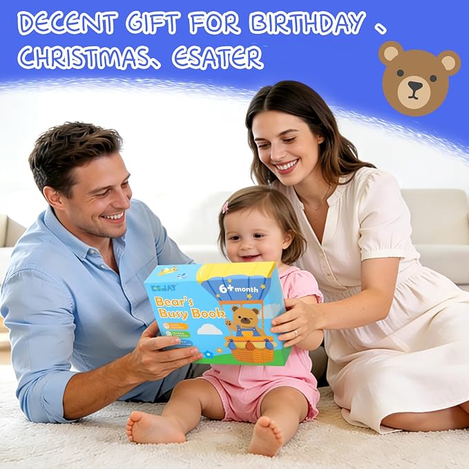 Esjay Busy Book for Toddlers 1-3, Bear Busy Board Montessori Toys, Learning Activities Fine Motor Skills Book, Birthday Gifts 1 2 3 4 Year Old Toddler Baby Girls Boys, Travel Toy for Airplane Car