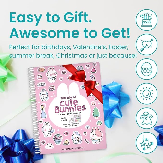 Cupkin Life of Cute Bunnies Coloring & Sticker Book | 300+ Stickers | Spiral-bound kids craft format with 8 scenes, 8 art pages, side-by-side viewing, and an easy-peel design for ages 2–8