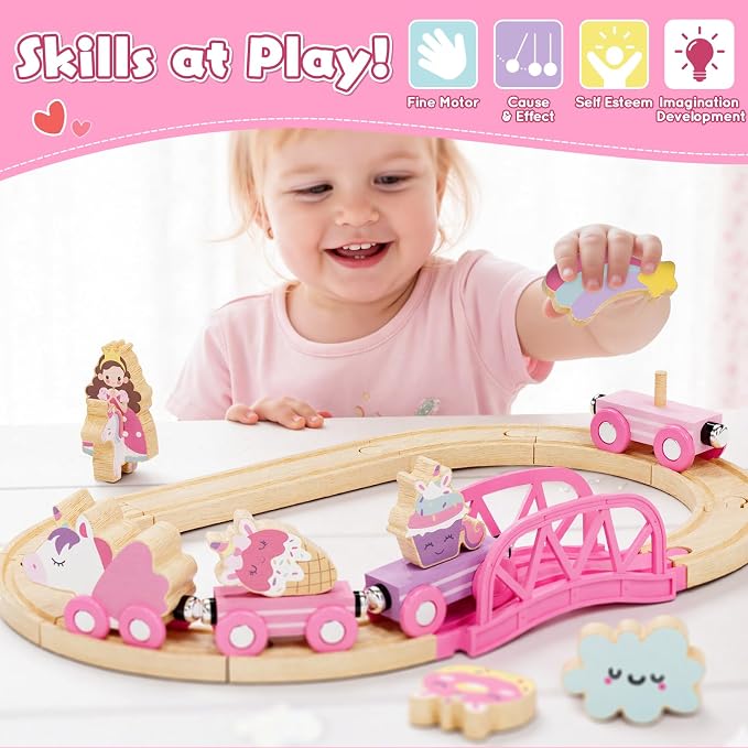 Lehoo Castle Pink Unicorn Wooden Train Set for Girls with Storage Bag | Compatible with Most Wooden Train Tracks, Expandable, Changeable Fantasy Railway Playset, Birthday Gift for Girls Ages 3+