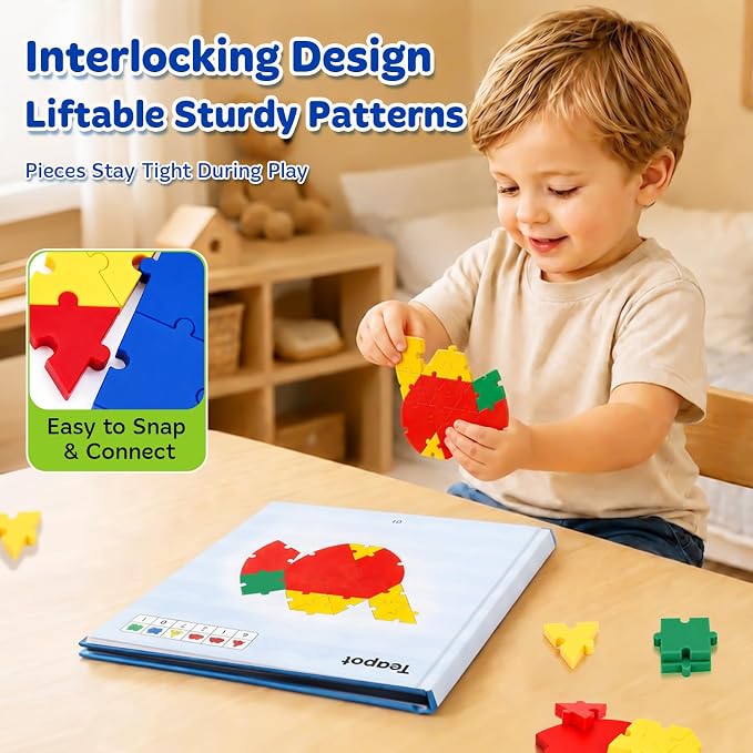 PRE-WORLD Pattern Blocks, 30 Pcs Interlocking Geometric Puzzle Kids 3+,IQ Puzzle Book, 101 Patterns, Non-Toxic Plastic, Math & Geometry Learning, Portable Storage for Home, Travel, Classroom