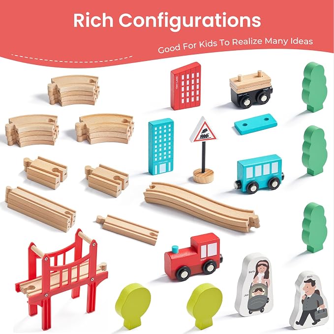 Tiny Land 39 Pcs Wooden Train Set for Toddler with Wooden Tracks | Compatible with Major Brands, Expandable, Changeable Train Toy for 3 4 5 Years Old Girls & Boys, Great Birthday Gift