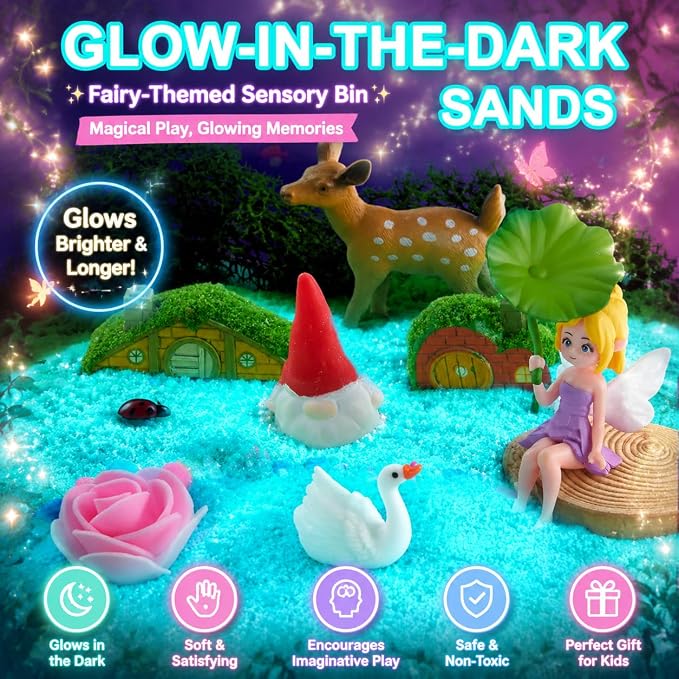 Carolart Spinning Fairy Garden Sensory Bin with Glow Sand Kit | Glow-in-the-Dark Sensory Sand, fairy toys, gifts for girls, rotating sand kit with sensory play for ages 3-8