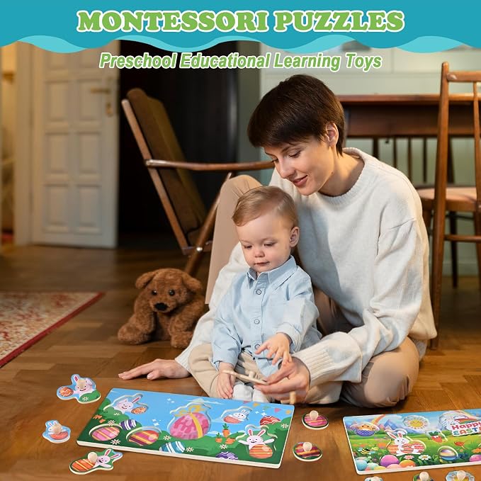 Easter Basket Stuffers-2 Pack Easter Puzzles | Wooden Peg Puzzles for Toddlers 1-3, Montessori Learning Toys, Easter Basket Fillers Gifts Party Favors for Kids Boys Girls