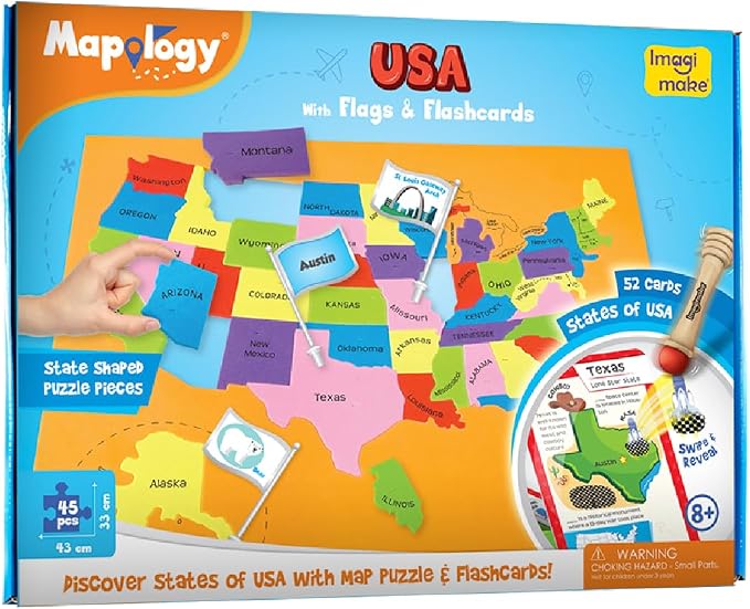 Imagimake Mapology - USA Map Puzzle with Flash Cards for Kids Ages 8+ | Educational Geography Toy, Learn 50 States with 750+ Facts of USA, Gift for Girls & Boys Ages 8,9,10,11,12 Years Old