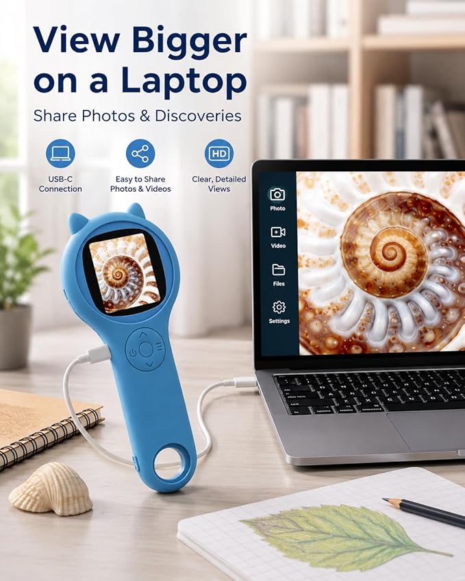 Microscope for Kids, Portable Digital Microscope for Outdoor Exploration | 500X digital magnifying glass with a 2-inch IPS screen for nature, camping, travel, and hands-on STEM learning.