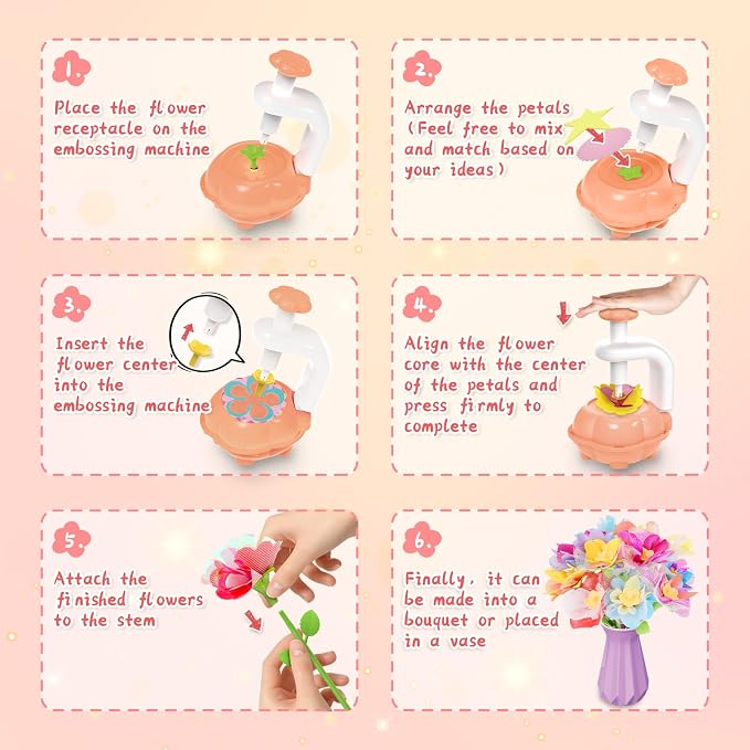 Kufanda 222 Pcs DIY Flower Bouquet Making Kit for Kids Ages 4-8 — Fabric Flower Craft Set with Embossing Machine, Screen-Free STEM Educational Gift Toy for Girls, Granddaughter Birthday Christmas