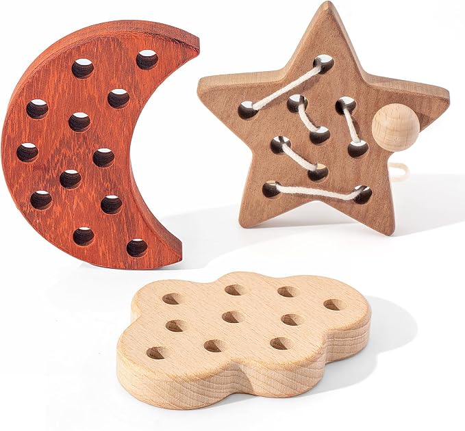 3 Pack Wooden Lacing Threading Toys for Toddlers 1-3 Solid Wood Threading Activity Puzzles, Moon/Stars/Cloud Quiet Toddler Toys for Airplane Travel Fine Motor Skills Sensory Toys
