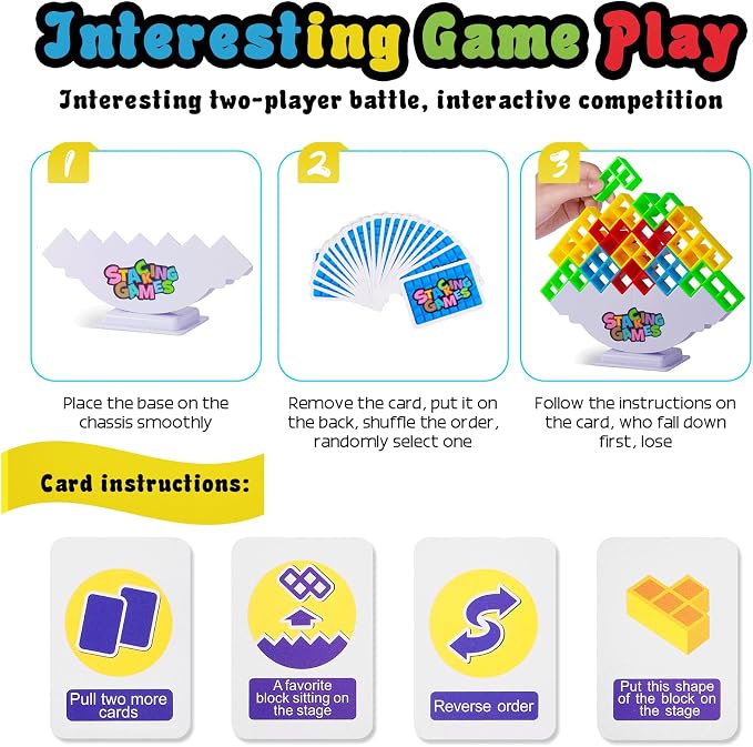 CERBONNY 48Pcs Tetra Tower Stacking Blocks Game, Board Games for Families, Parties, Travel and Team Building, Suitable for 1-4 Players Kids & Adults Toys