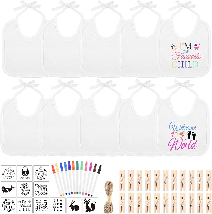 BOUBONI 55 Pcs DIY Baby Bibs Decorating Set Includes 10 White Bibs 12 Fabric Markers 12 Stencils 20 Clothespins 1 Hemp Rope for Baby Shower Games Boys Girls