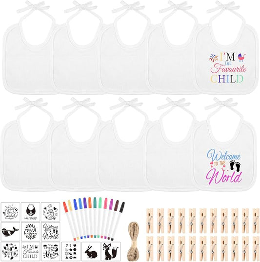 BOUBONI 55 Pcs DIY Baby Bibs Decorating Set Includes 10 White Bibs 12 Fabric Markers 12 Stencils 20 Clothespins 1 Hemp Rope for Baby Shower Games Boys Girls