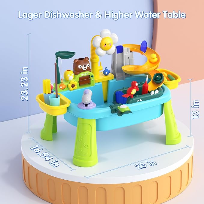 Water Table for Toddlers 1-3, Outdoor Toys for Kids Ages 4-8 with Pump, Kitchen Play Sink with Running Water, Fishing Toys Playset, Summer Outside Sand Water Sensory Activity Pool Toys Gifts, Blue