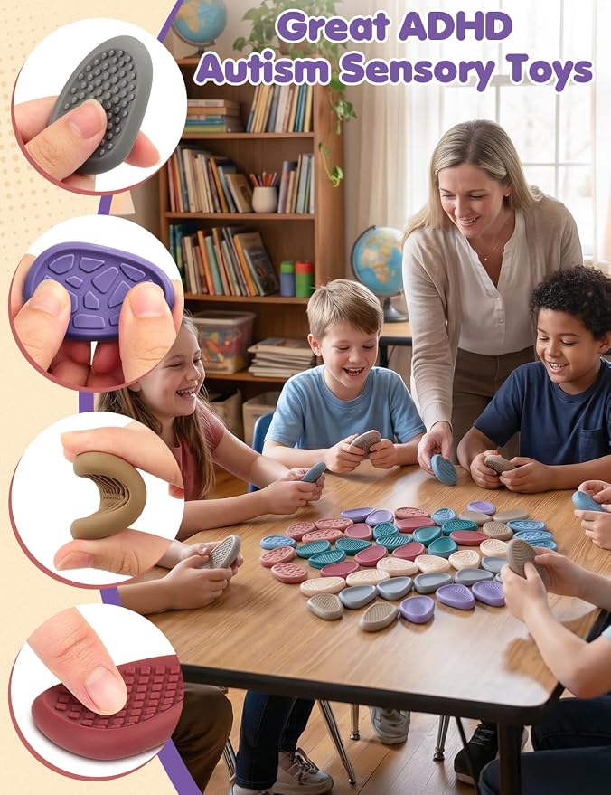 Fidget Toys Adults Sensory Stone: 24 Pack Texture Worry Stone for Calming - Sensory Autism Toys for Stress Relief - Quiet Bulk Fidgets for Classroom Prizes