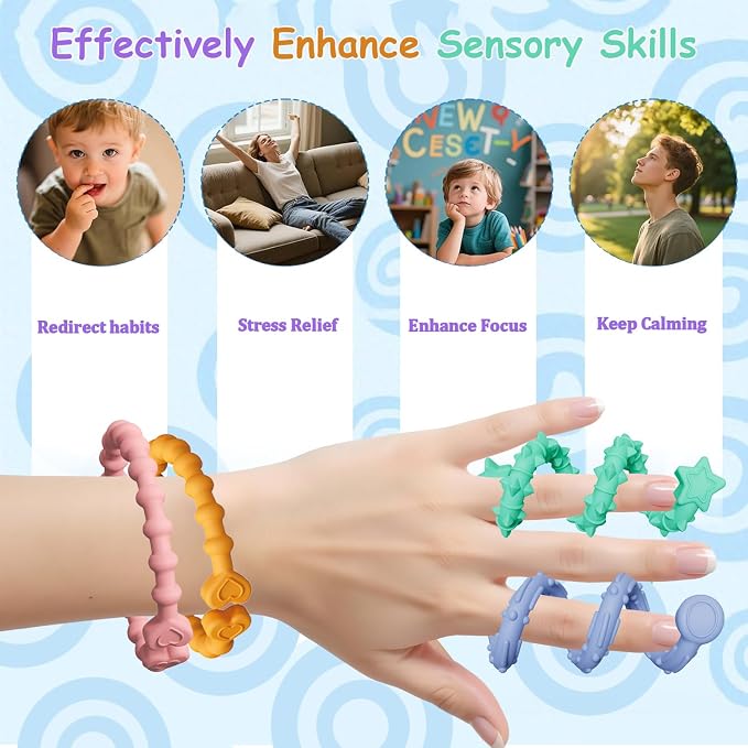 Tendry Sensory Sticks Fidget Toys for Adults & Kids, 6PCS Textured Anxiety Relief Items for Autism ADHD, Silicone Fidgets for Classroom Calm Down Corner Supplies （3 Yeas+）